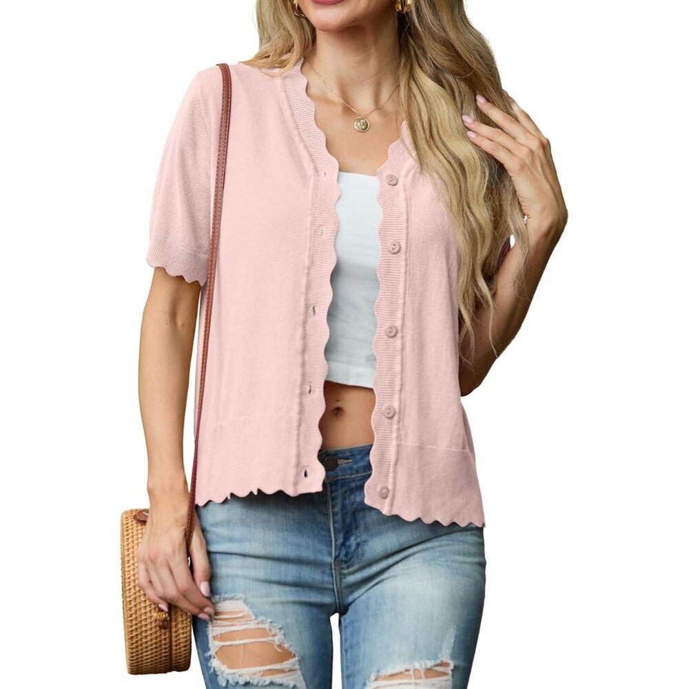 🆕Grecerelle Women Pink Open Front Button Down Short Sleeve Lightweight Sweater